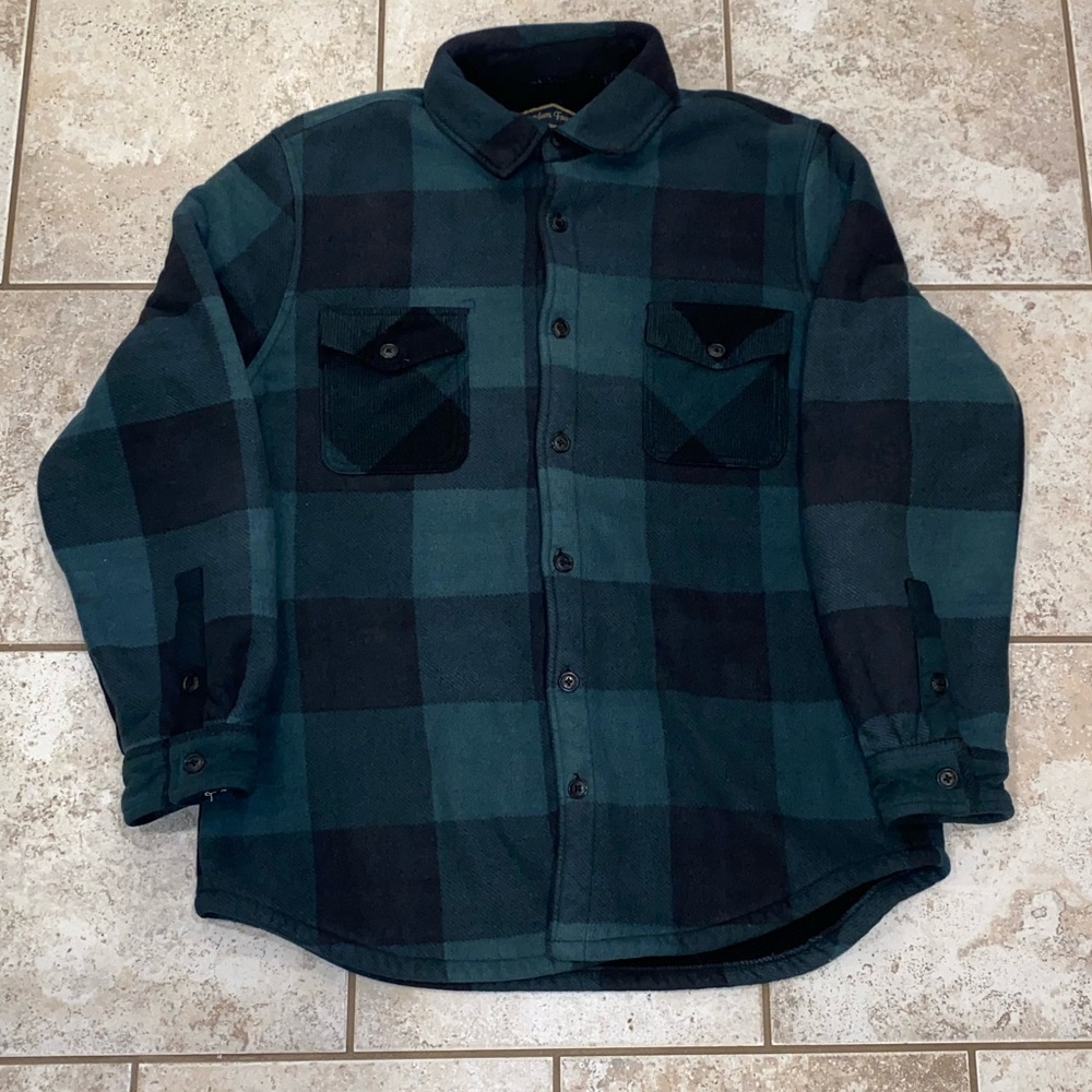 Sherpa Lined Fleece Dark Green Plaid Shirt Jacket, Mens Size Large